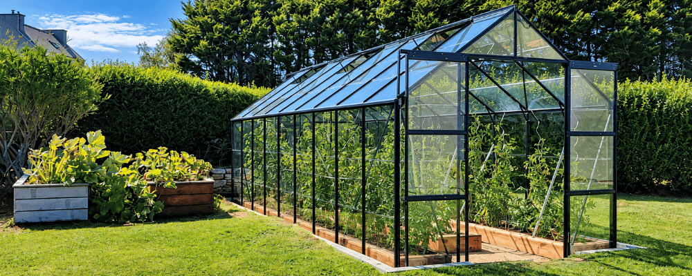 Serre Laurus LAMS de 14,40 m² verte, avec des cultures potagères et des carrés potagers à proximité.